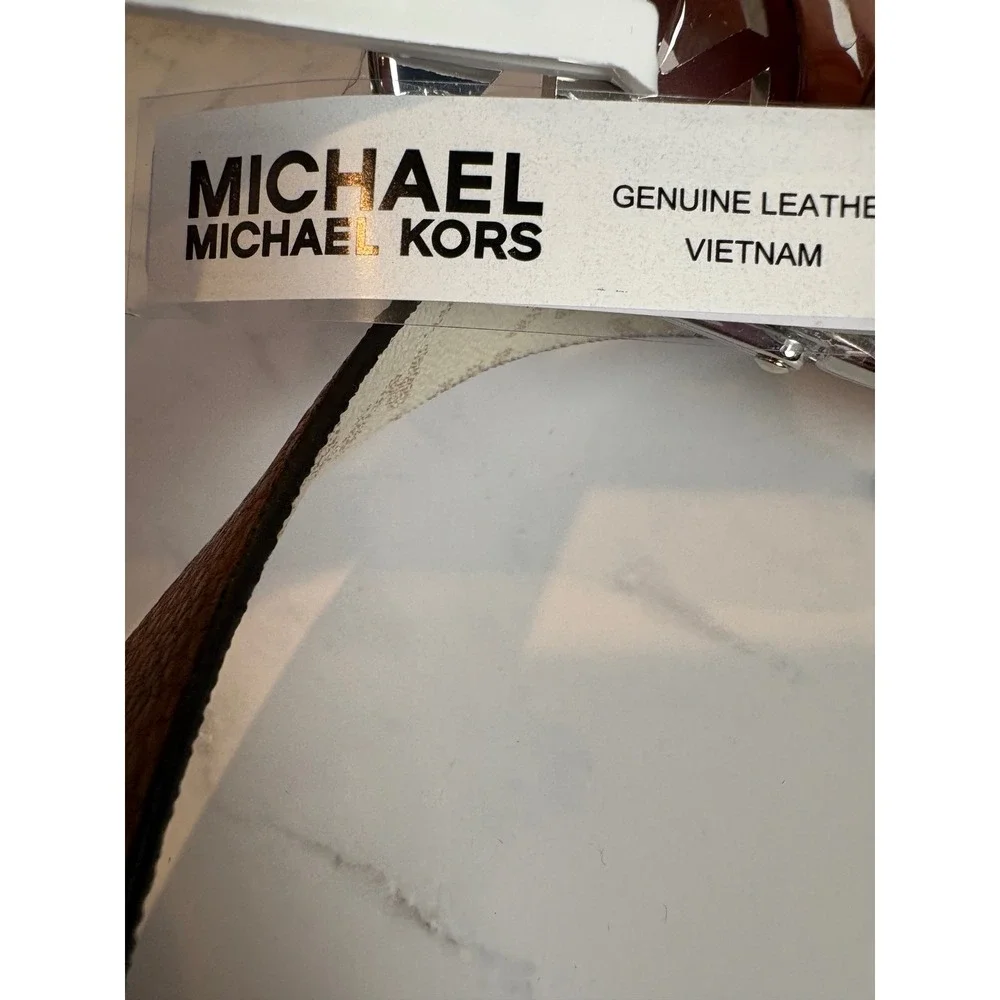 Michael Kors‎ Reversible Belt MK Logo Vanilla Brown Leather Silver Buckle